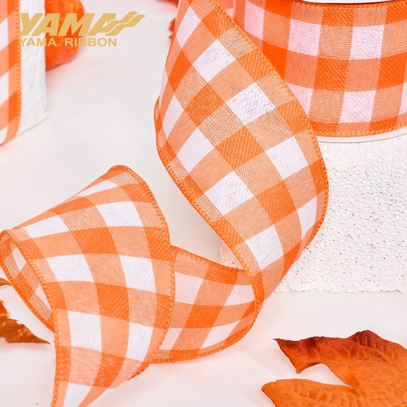 Yama Ribbon Stock Low MOQ 2.5Inch 63MM 10Yards Fall Style Linen Plaid Wire Edge Ribbon Roll