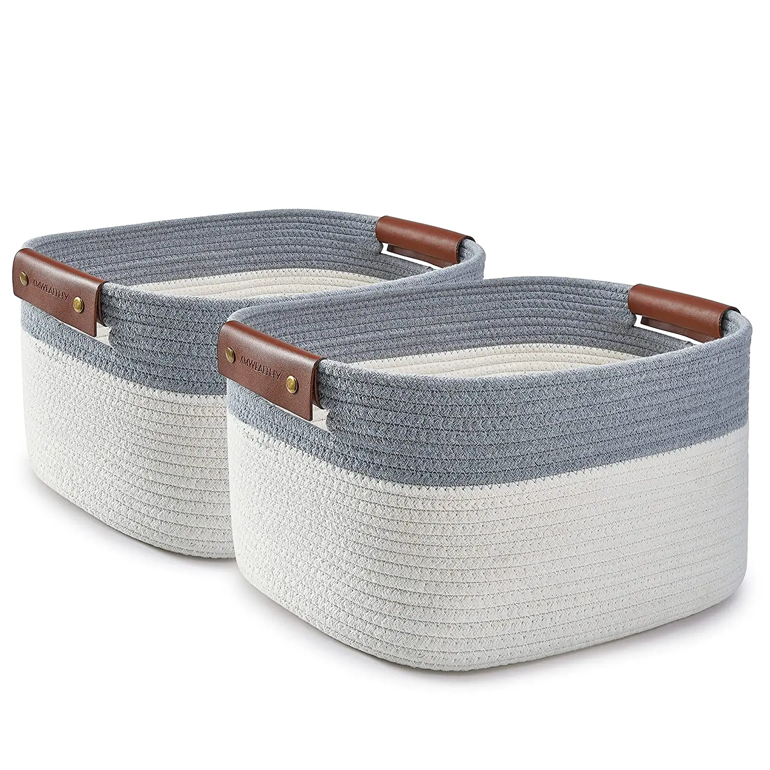 Sustainable Folding Stocked Square basket cotton rope storage basket with leather handle Woven Storage basket for toys