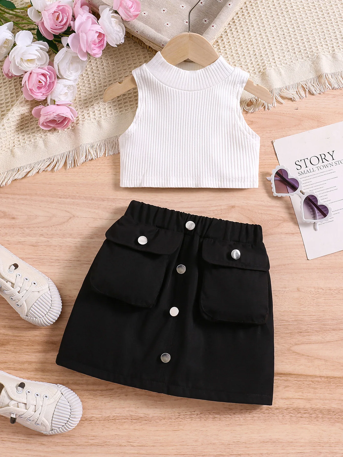 Cross-Border Spring Summer Girls Clothing Set High Collar Pullover Organ Bag Multi-Button Rubber Skirt Solid Color Two-Piece Set