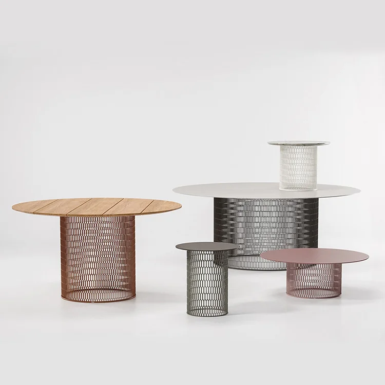 Outdoor Garden Round Side Table Living Room Furniture Aluminum Mesh Legs Teak Wood Table Top Coffee Table