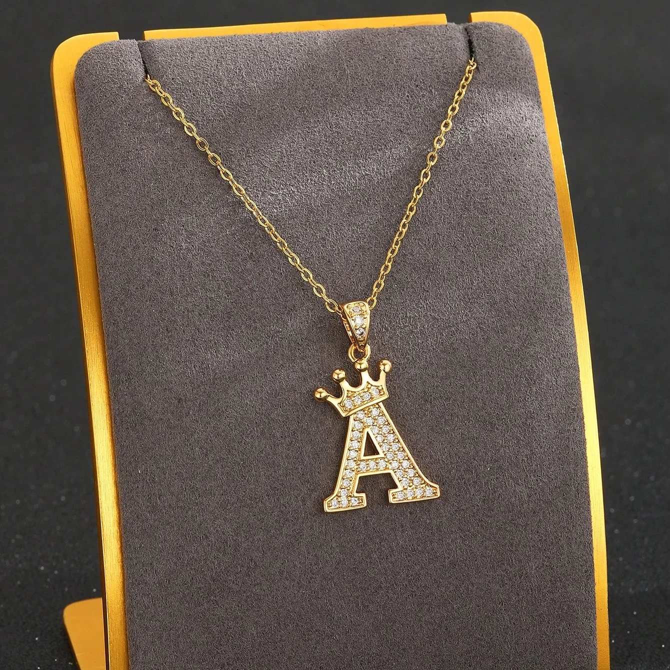 18K Gold Plated Crown Zircon Initial Necklace Link Chain 26 Letters Necklace For Women Gift