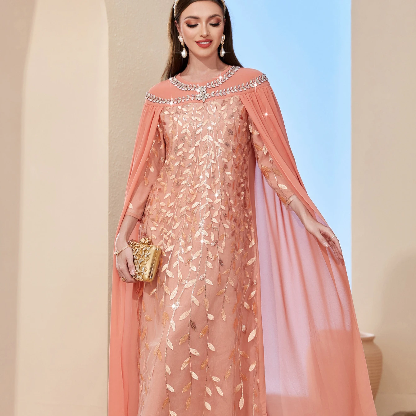 Factory Price Stone Embroidery Muslim Dress With Cape Long Abaya Robes High Quality  Ethnic Modest Evening Dubai Dress