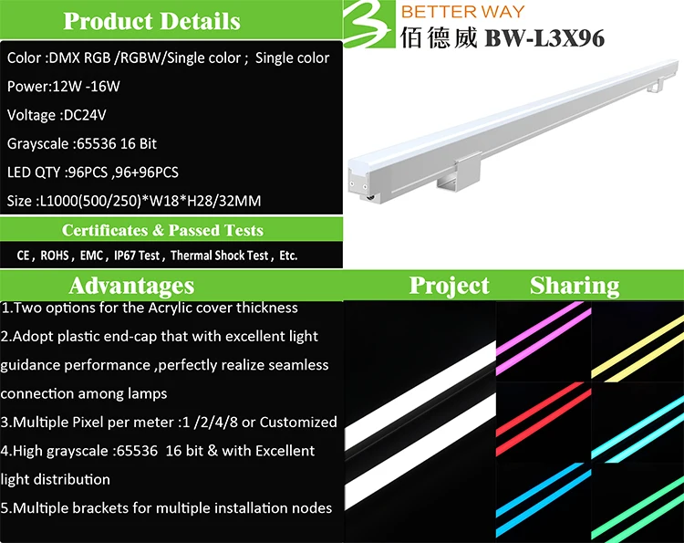 Светодиодный линейный светильник RGBW Pixel 15W pmma молочно-белый корпус для наружного здания
