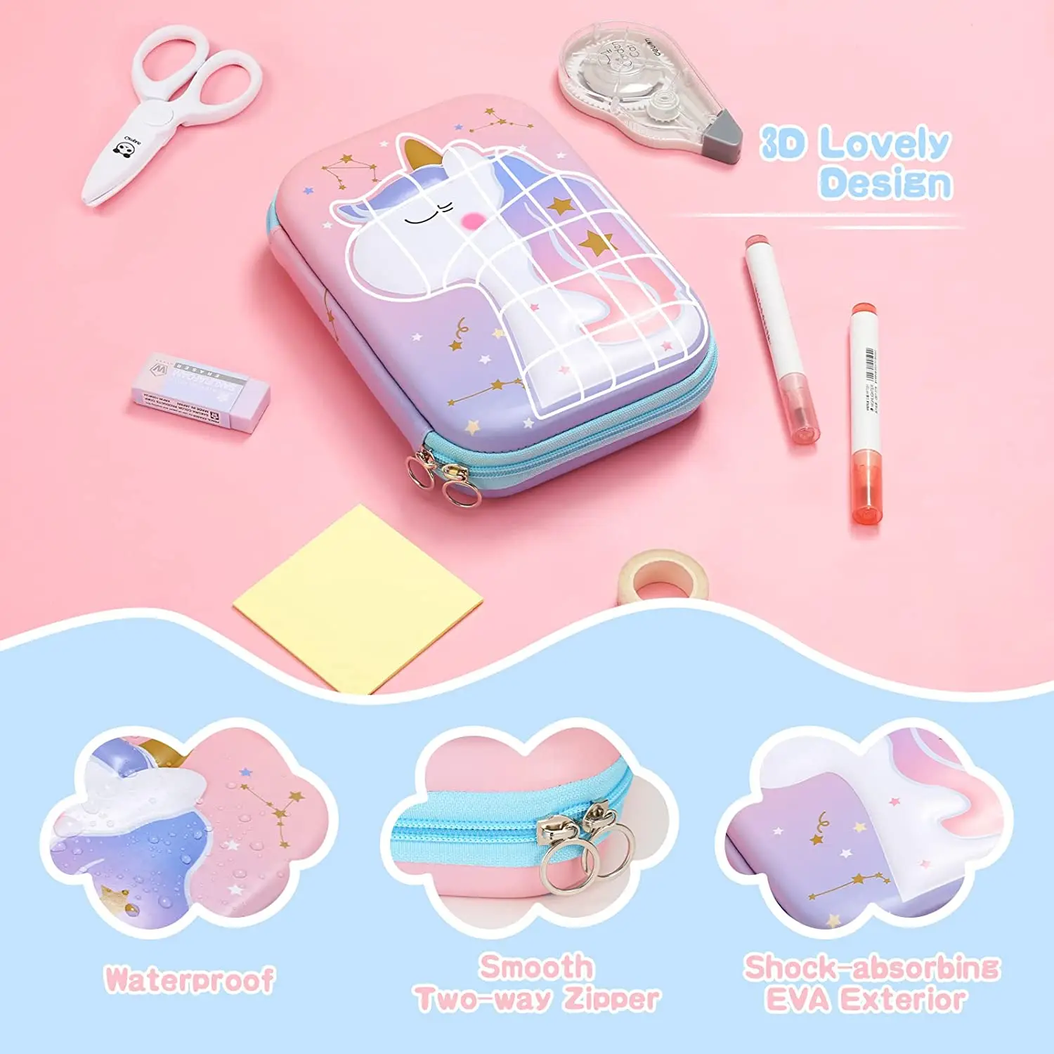 Cute 3d Unicorn Protective EVA Pen Holder Stationery Box Pencil Case Pouch For Students