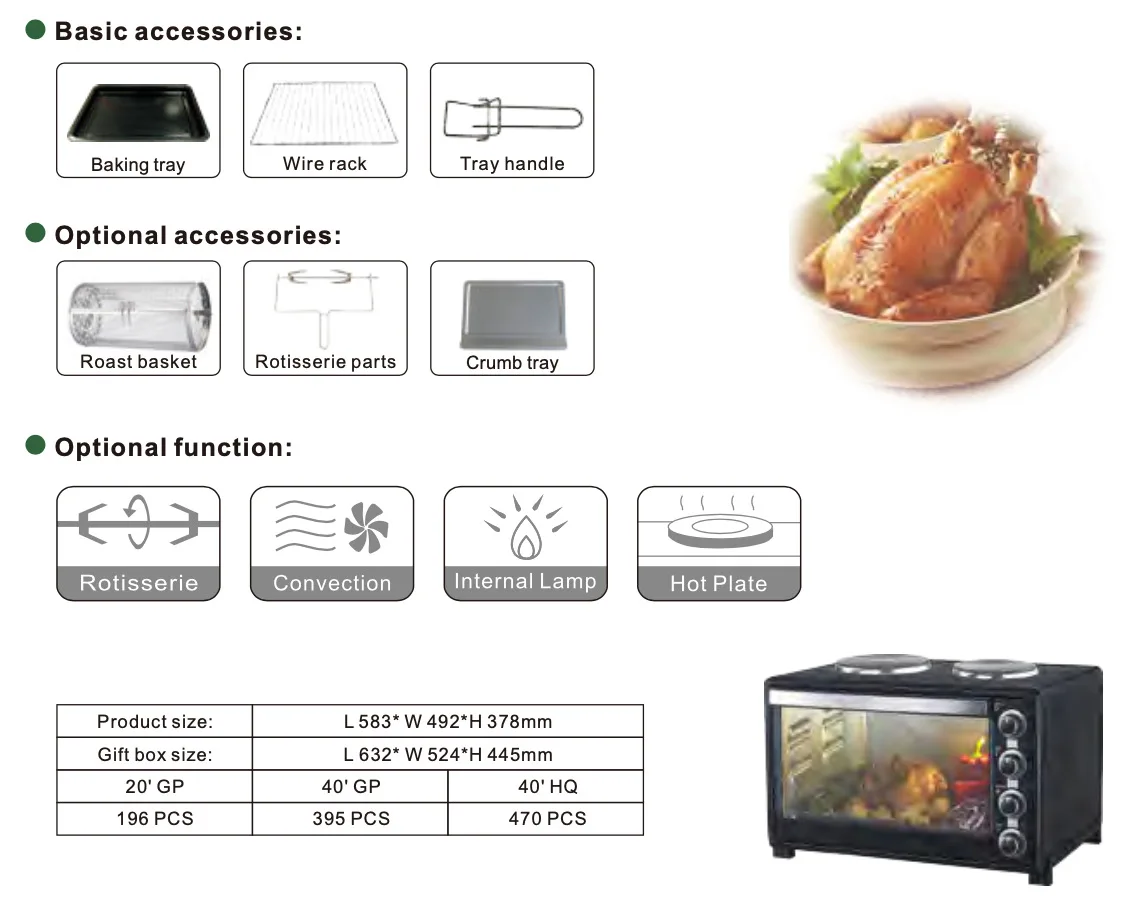 Lar Capacity 60L Automatic Visual Oil-Free Baking Oven Multi-Function Aluminum Housing for Household and Foreign Trade