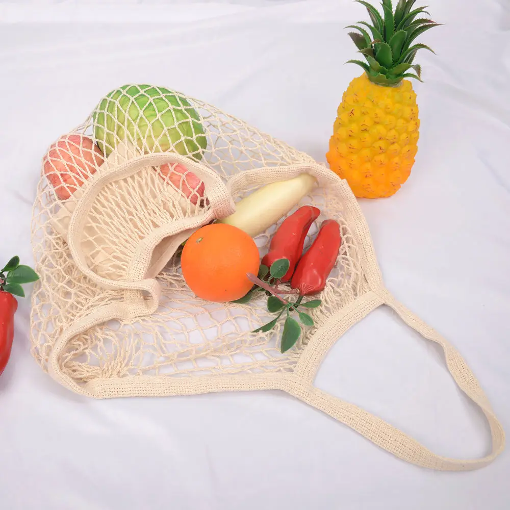 Produce Eco Biodegradabl Organic Cotton Mesh Basket  Reusable long handle  Mesh bag with logo Grocery Shopping Tote Mesh Net Bag