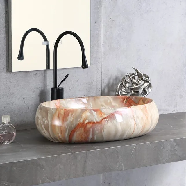 Sanitary ware oval marble stone pattern art basin  no hole multi color easy clean art vanity wash bath sink ceramic art sink