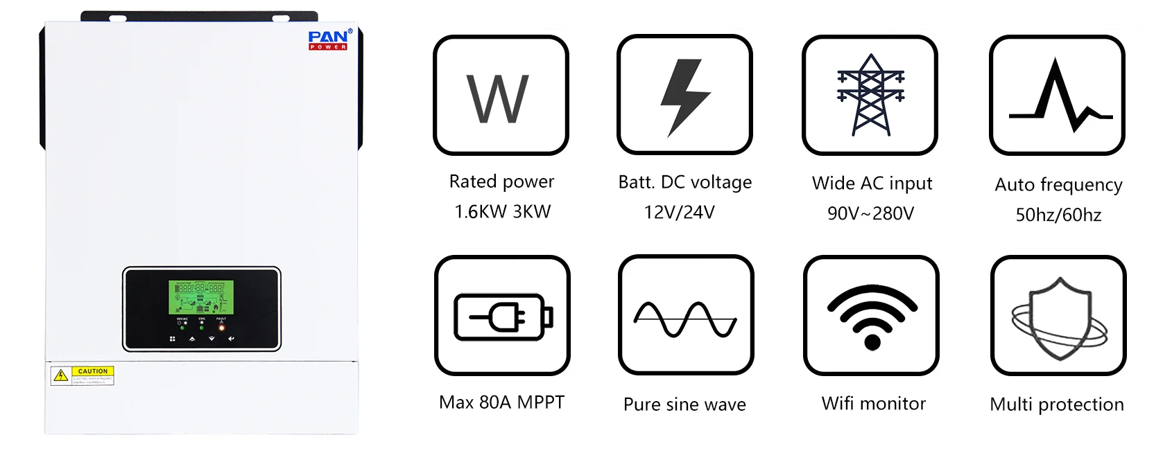 2KVA 3.2KVA High Frequency Hybrid Inverter 12VDC 1.6KW 24VDC 3KW Solar Inverter 3000Watt with 80A MPPT