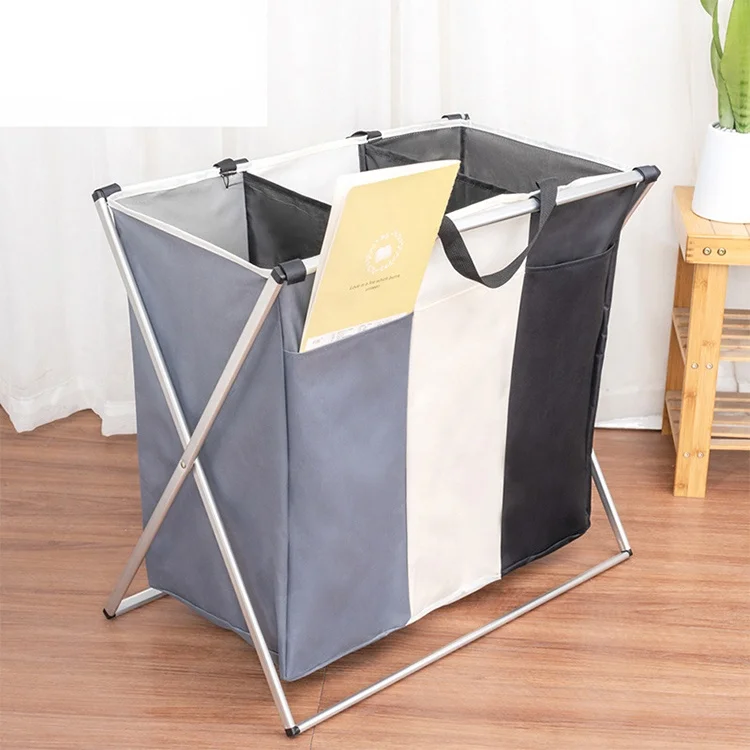 Black Gray Dirty Clothes Washing Storage Laundry Hamper 3 Compartments For Dorm Room