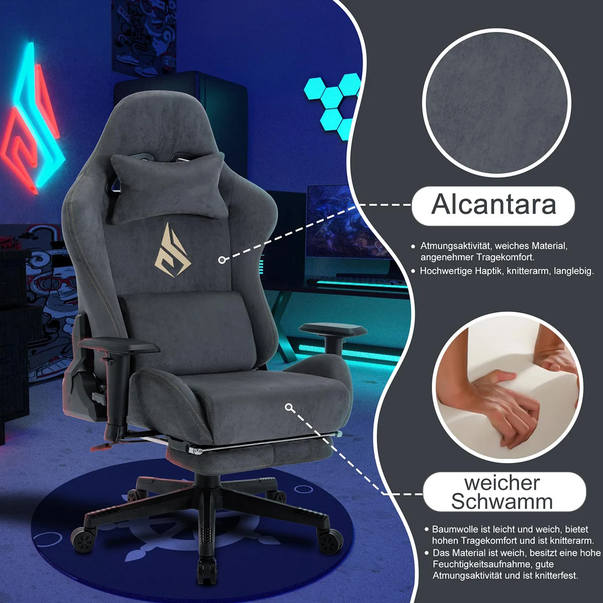 Ergonomic PC Silla Racing Style Computer Game Chair Breathable Alcantara Office Chair Adjustable Swivel Task Chair with Footrest