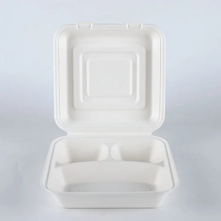 9inch 3 divided Sugarcane pulp clamshell box food bagasse container biodegradable