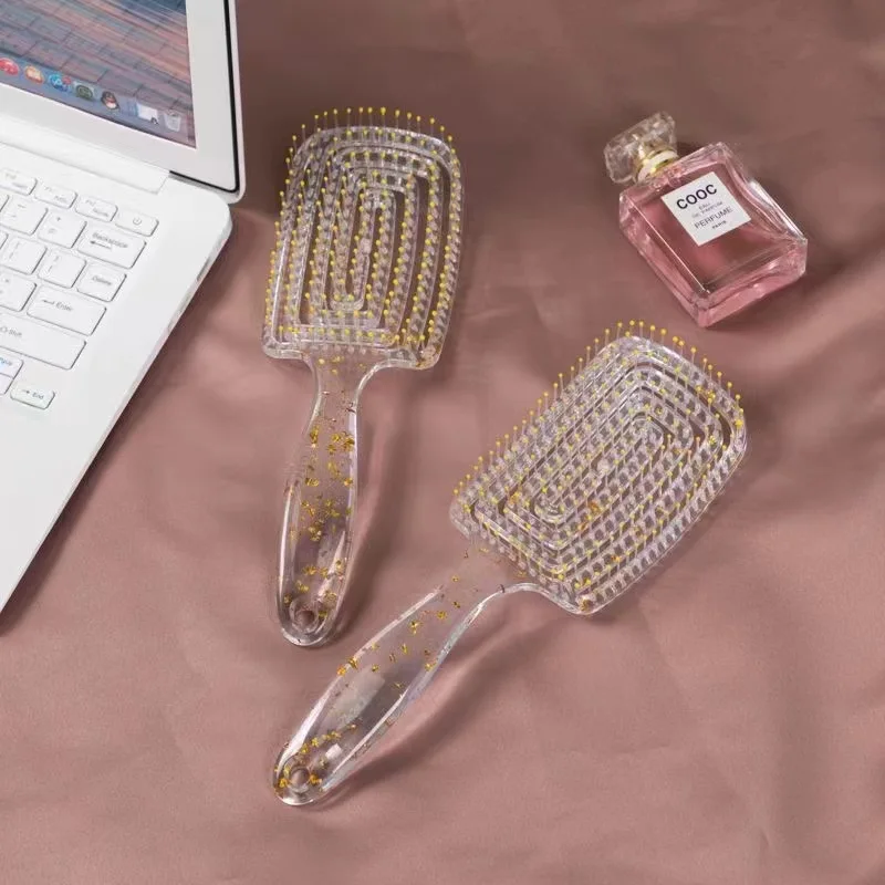 Personalized Minimalist Hairdressing Comb Transparent Hot Comb Glittering Powder Hollow Rib Elastic Nylon Metal Bristle Custom