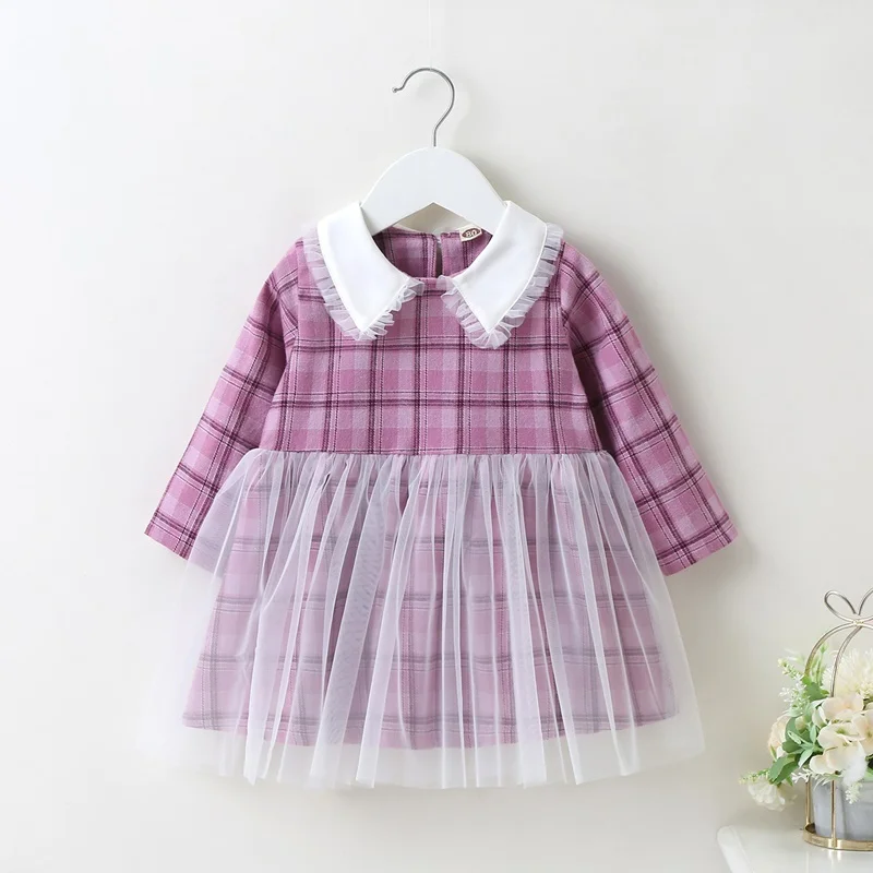 New Kids Dress for Girl Plaid Patchwork Mesh Peter Pan Collar Long Sleeve Baby Girl Dress Sweet Birthday Princess Dresses 0-18M