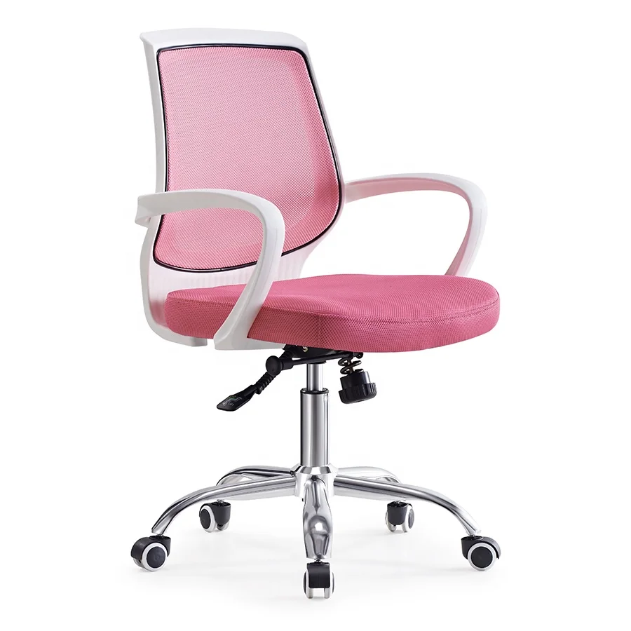 Wholesale price mid back simple design white plastic frame pink mesh swivel office chair