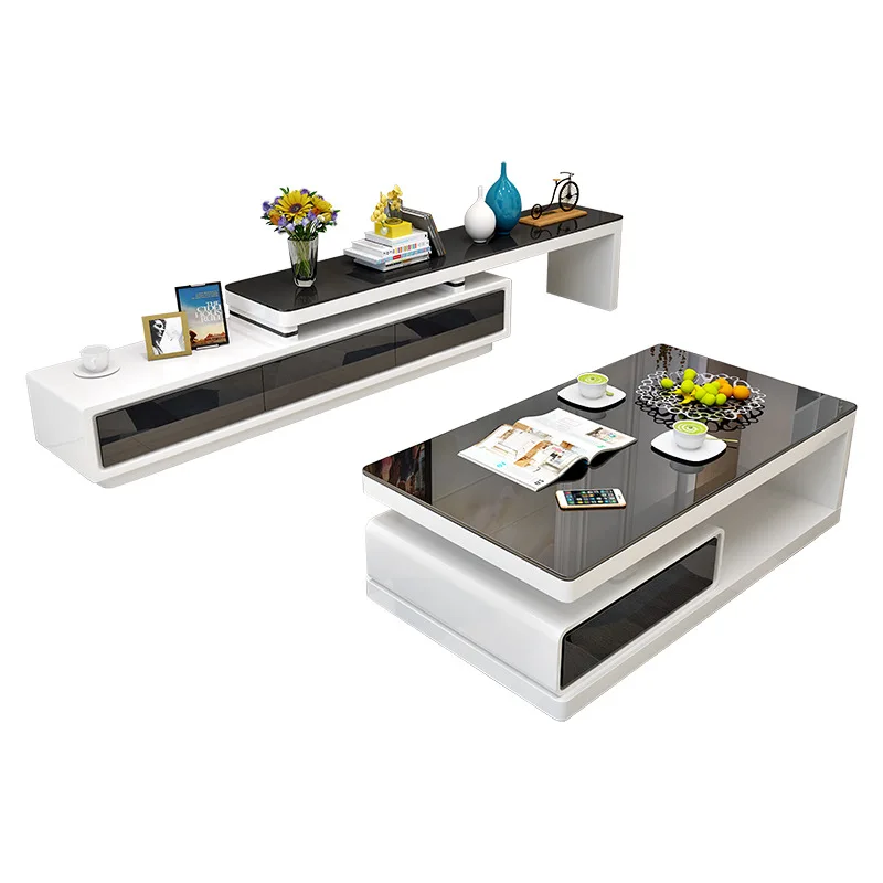 Coffee table TV cabinet simple modern small apartment living room telescopic tempered glass paint tea table floor cabinet set