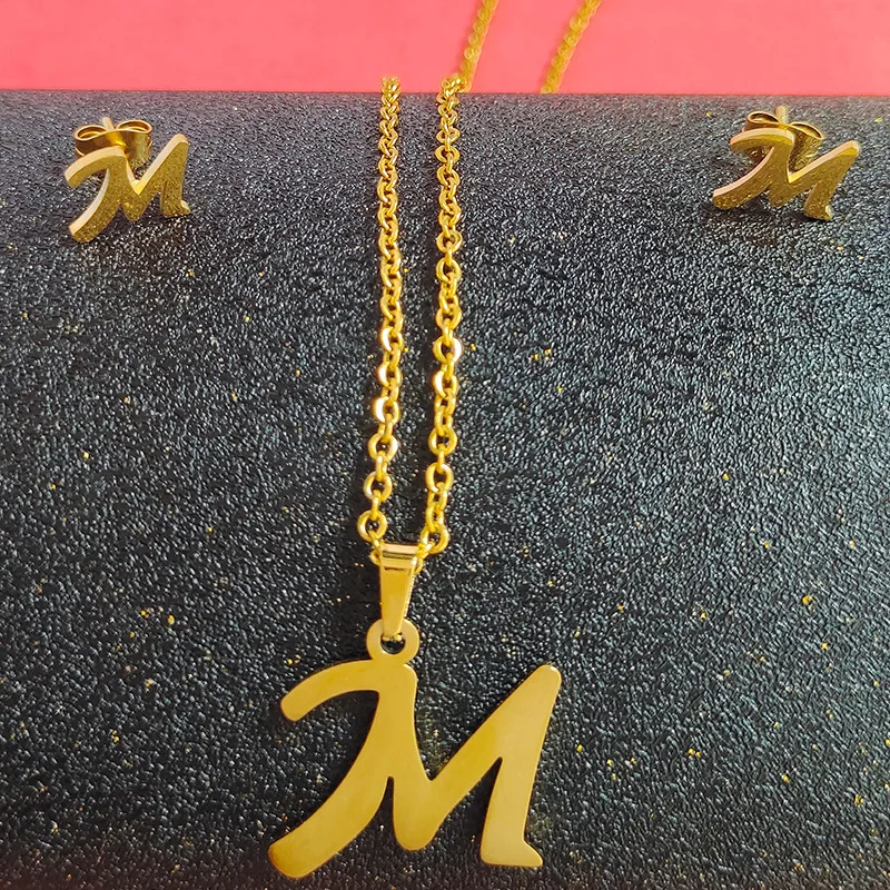 FanYue wholesale letter P initial 18K gold stainless steel golden jewelry set