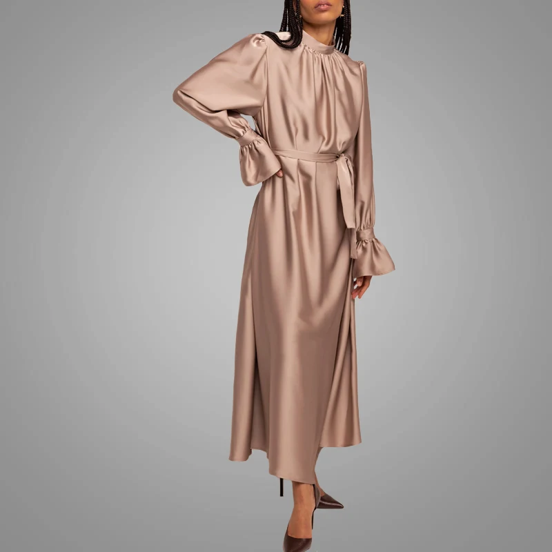 OEM New Fashion Satin Abaya Elegant Shinny Long Sleeve Islamic Clothing Modest Hotsale Turkish Kaftan Dress Online