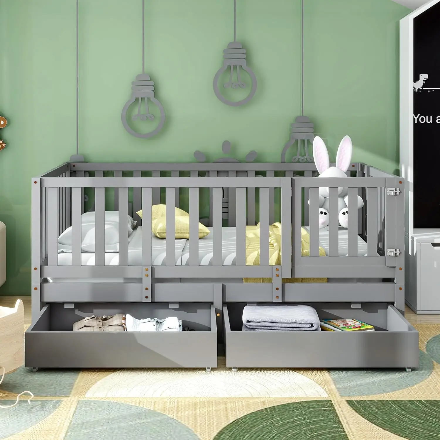 Twin Size Daybed with Fence Guardrails and 2 Drawers, Split into Independent Floor Bed & Daybed, Wood Daybed Sofa Bed Frame