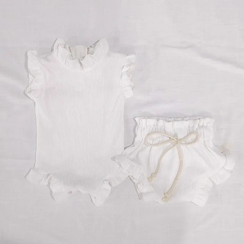 Newborn Baby Girl Clothes Set Solid Lace Ruffles Sleeve Backless Tops Toddler Shorts Outfits 100%