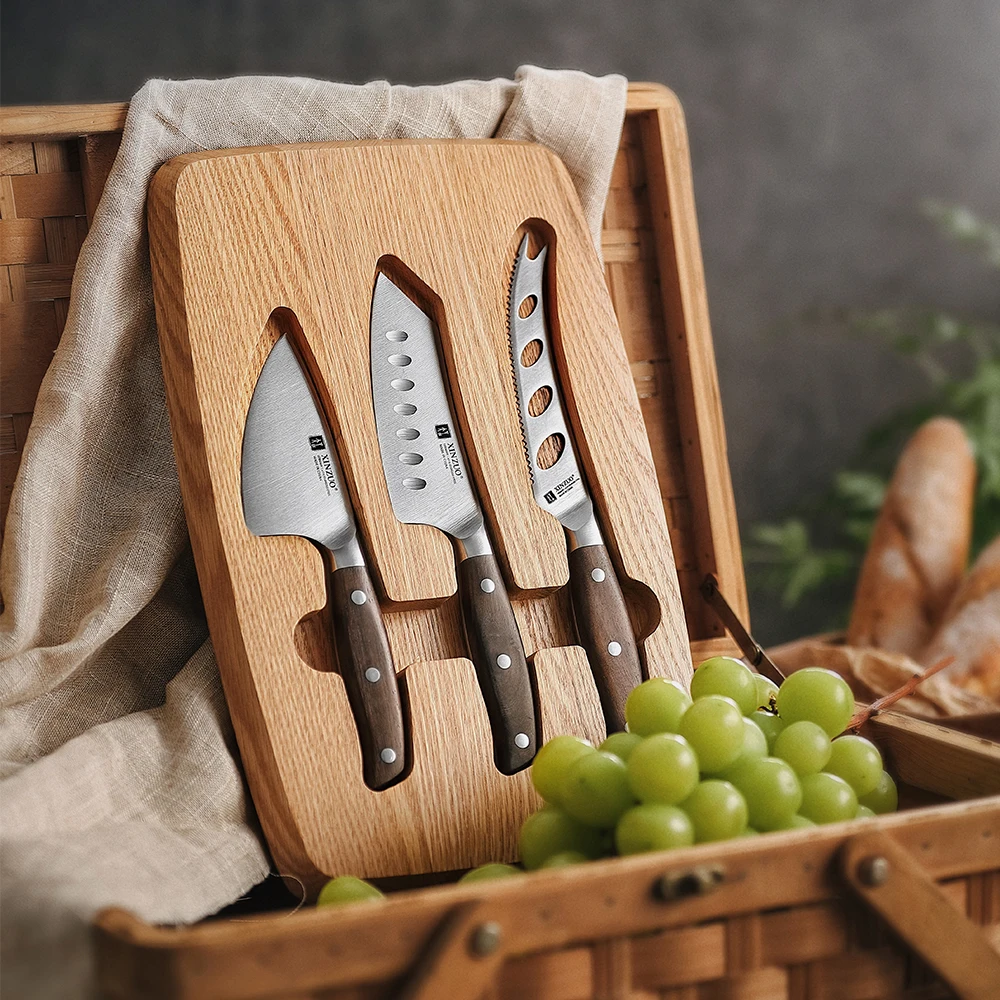 XINZUO New Design Cheese Board Knife Set High quality German Stainless Steel Oak Wood Block Wooden Tray Kit Gifts