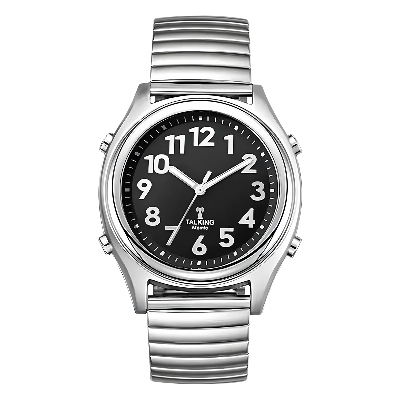 Radio controlled Talking Watch with Black Dial and white bold number for Visually impaired, Elderly or the Blind