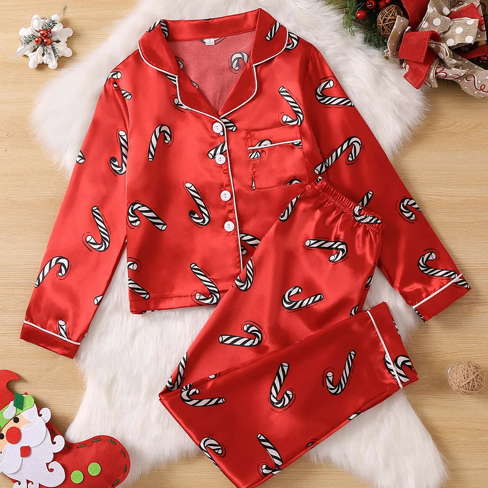 Christmas Gingerbread Santa Claus And Cane Print Sleepwear Set Family Matching Long-sleeve Pajamas Sets Checkered Nightshirt