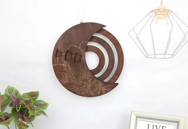 Round rotating wooden perpetual laser engraved wall decoration moon hanging calendar