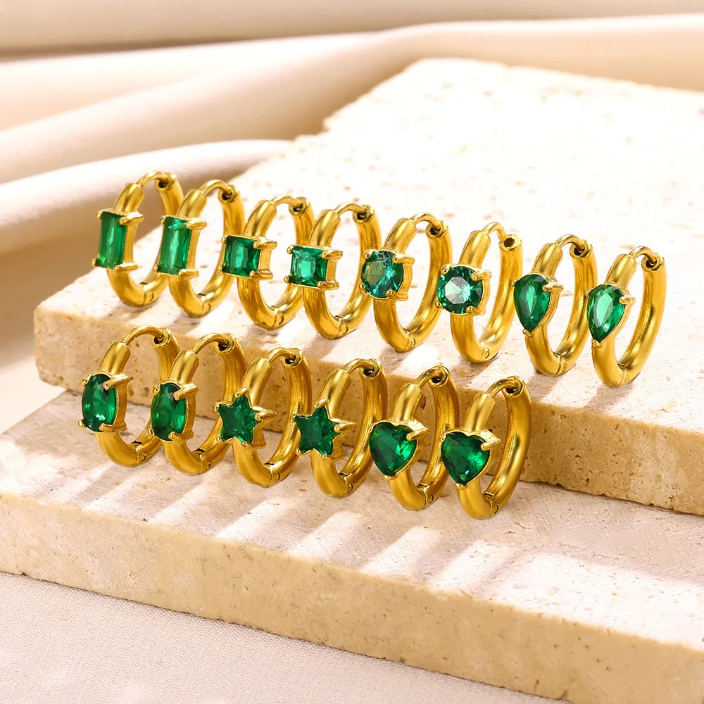 Waterproof Womens Emerald Gemstones Green Zirconia Star Earrings Round Heart Small Hoop Gold Plated Huggies Earrings Jewelry