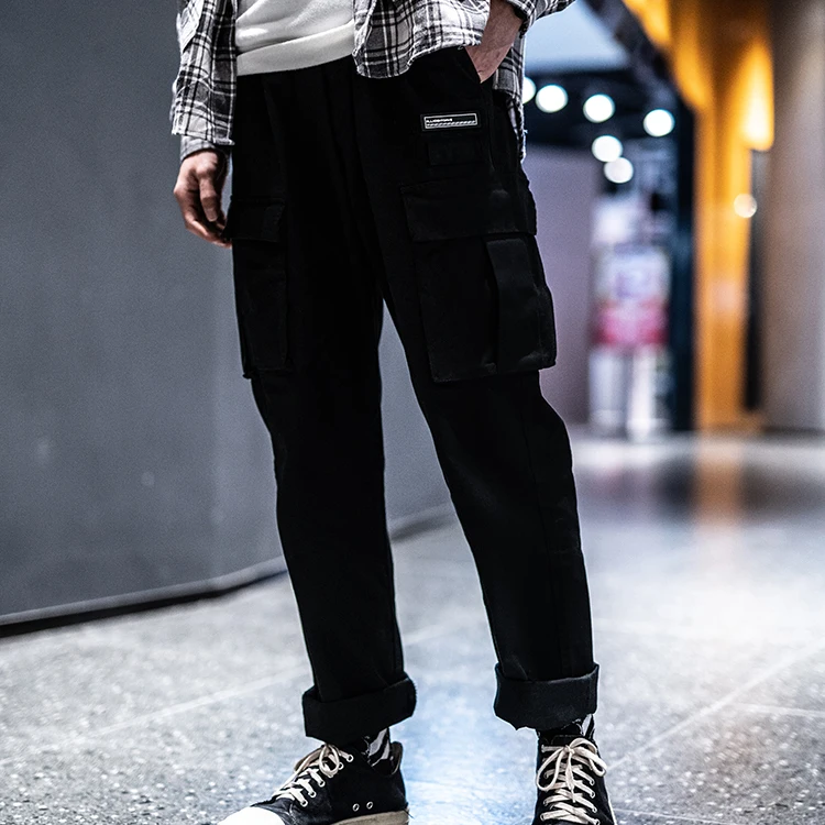 Mens hot selling casual vintage hip hop wide leg straight trousers autumn army green webbing cotton baggy cargo pants