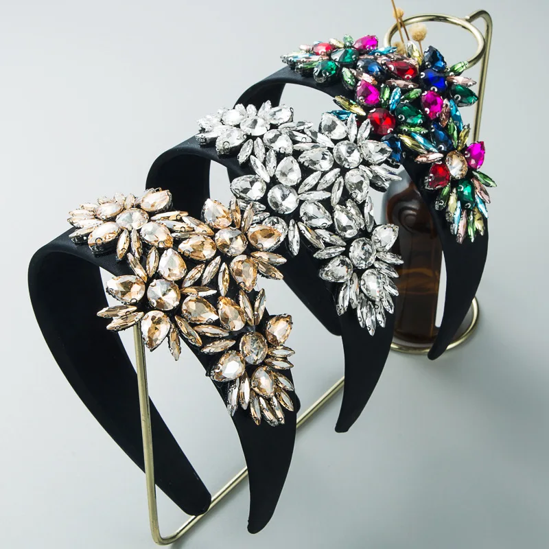 Personality exaggerated baroque style shiny stained glass diamond fabric wide-brim retro hair accessories women headband