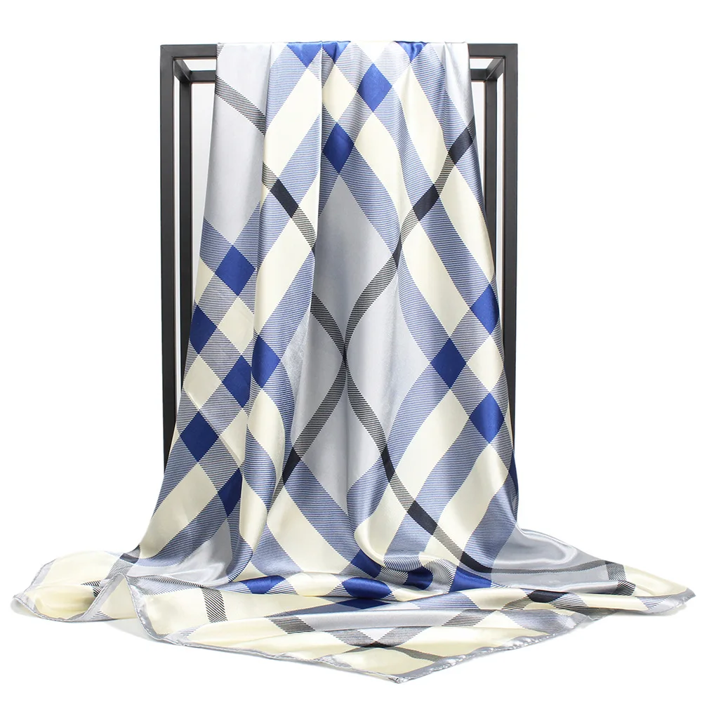 2020 Foreign trade hot plaid printed satin silk scarf 90*90cm large square scarf Malaysia hijab
