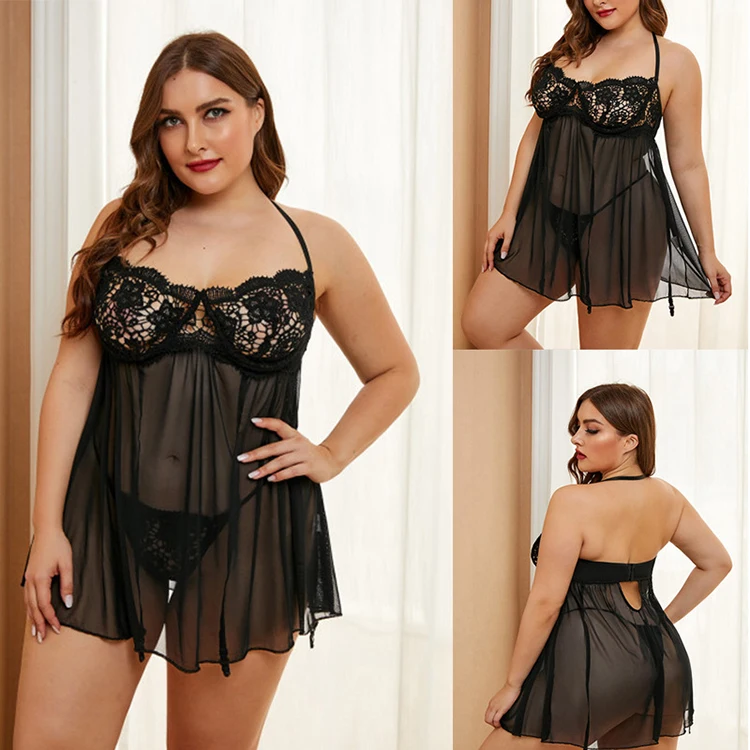 
Hot Selling High Quality Sexy Nightdress New Lace Skirt Fat Women Sexy Plus Size Lingerie Two-piece Set 