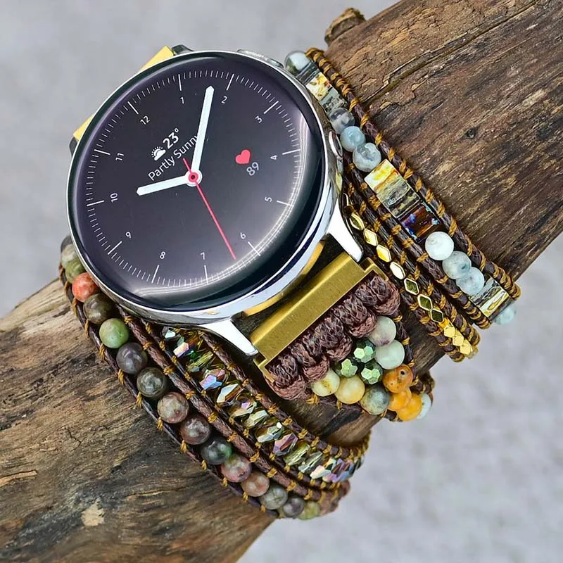 Bohemia Handmade Tube Emperor Natural Stone Beads Braided Leather Wrap, Chakra Bracelet For Samsung Watch 22mm