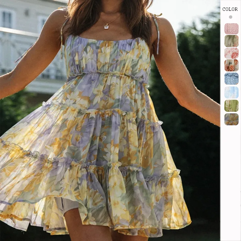 New style holiday style sexy print high-end European and American suspender dress for women With lining