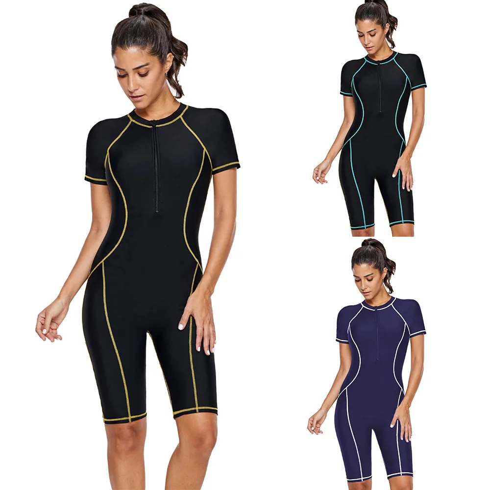 Женский костюм для дайвинга с коротким рукавом, солнцезащитные Гидрокостюмы на молнии для серфинга, костюм для подводного плавания, Быстросохнущий Цельный купальник, гидрокостюмы