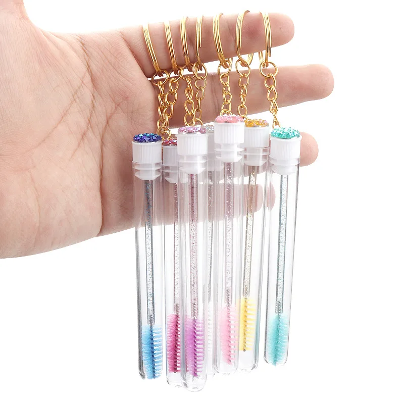 100 300 1000 Pcs Disposable Crystal Micro Brow Lash Spoolie Eyelash Wands Eyebrow Makeup Brush With Tube And Keychain Pom Pom