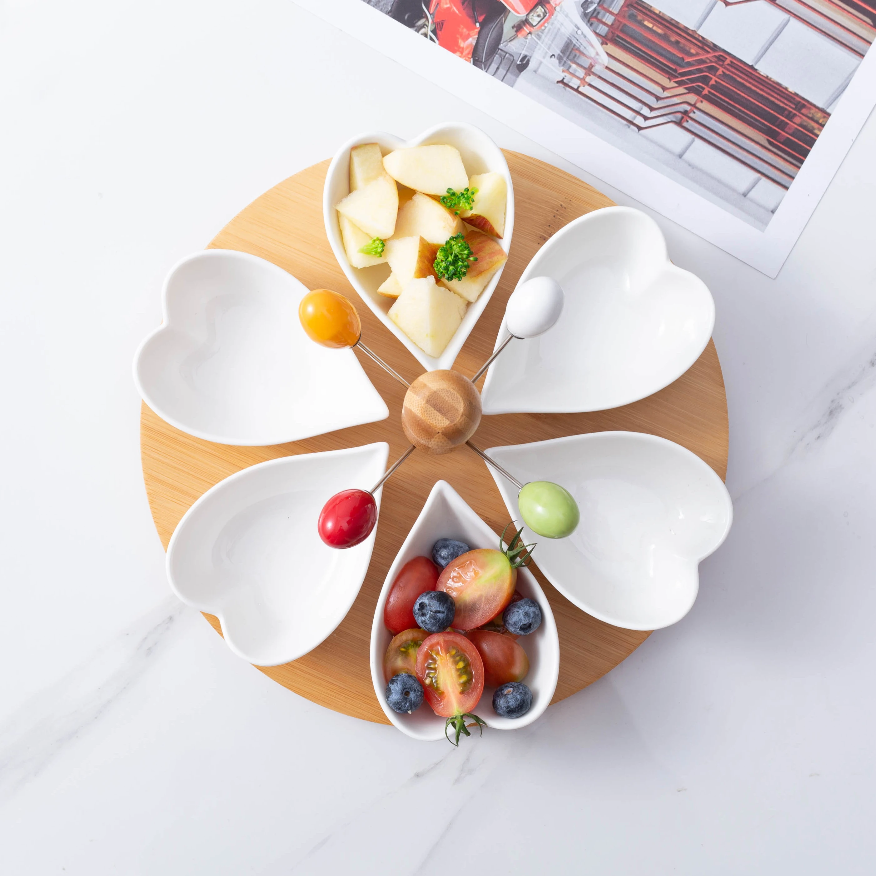 Eco-friendly tableware food grade porcelain snack bowls with bamboo handle and food picks ceramic dry nut fruit plate