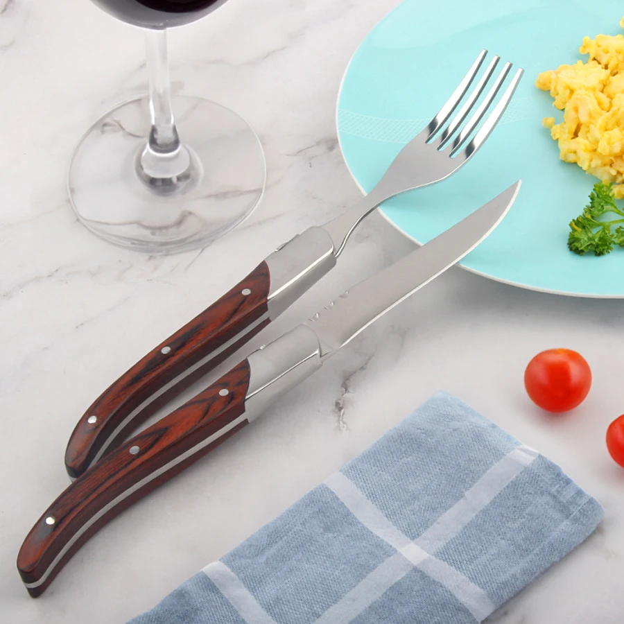 Luxury Laguiole Wooden Handle Stainless Steel Steak Knife Set And Fork 2 PCS Flatware Set