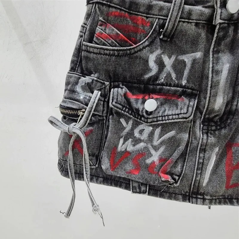 wholesale fashion asymmetrical blue cargo jean skirts high waist Graffiti short mini denim skirt women