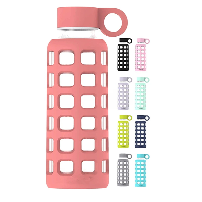 Reusable BPA Free Wide Mouth Wholesale Glass Water Bottle With Silicone Sleeve Hand Ring Buckle