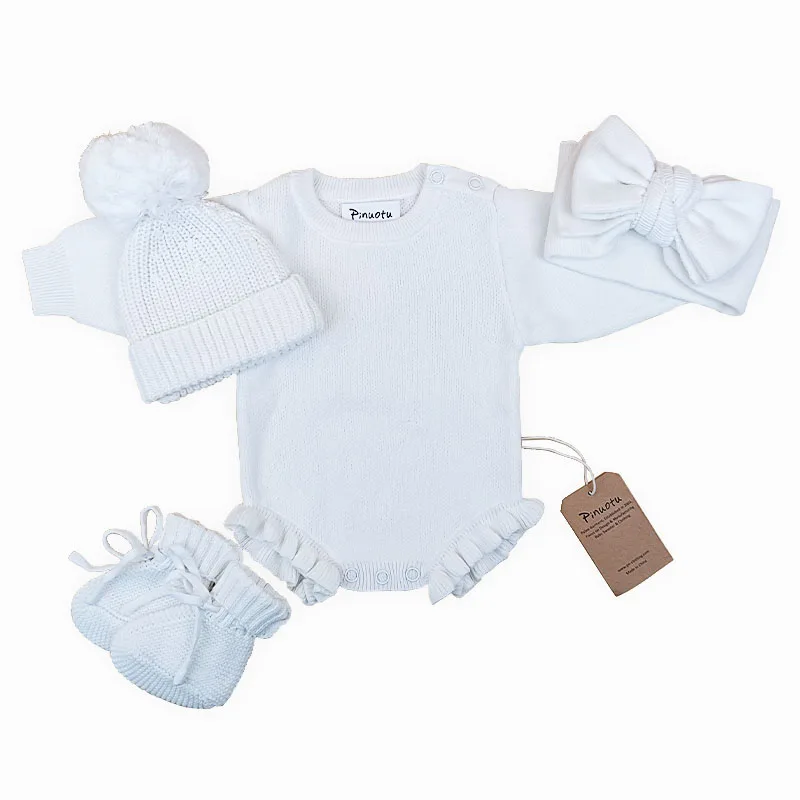 Pinuotu Baby Knitted Set Frill Snap Button New Born Sweater Bubble Romper Knitwear Ruffle Toddler Girls Clothing Sets