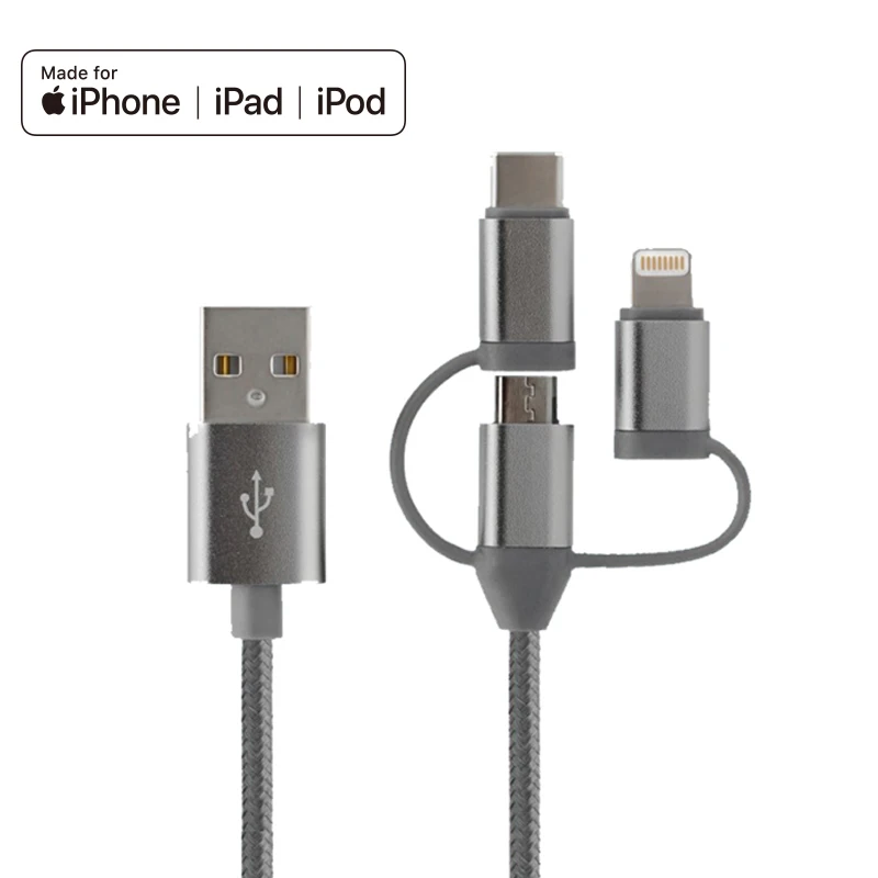  Нейлоновая оплетка MFi type c micro usb кабель для iphone 12 lightning Кабель быстрой зарядки 3 в 1 передачи