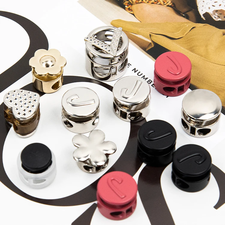 Fashion metal spring lanyard elastic zinc alloy Toggle hardware drawstring Rope Garment round cord lock stopper 2 holes