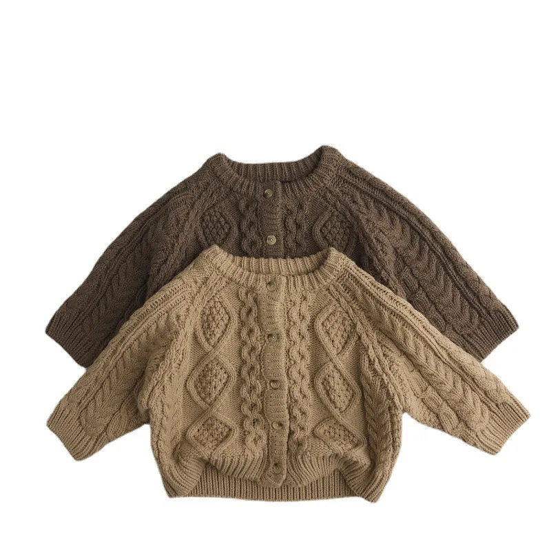 Solid color boy children clothing knitted jacket baby full sleeve coat knitwear thick geometry kids cardigan sweater