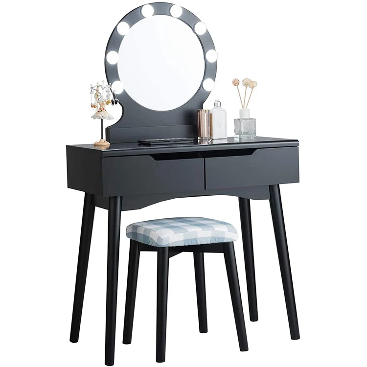 Princess girls vanity dressing table with large round led lighted mirror for kids girl