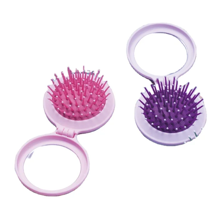 Detangling Hair Combs Mini Folding Pocket Pop-up Hair Brush Personalized Pocket Hair Comb with Mirror Plastic Ionic Round Brush