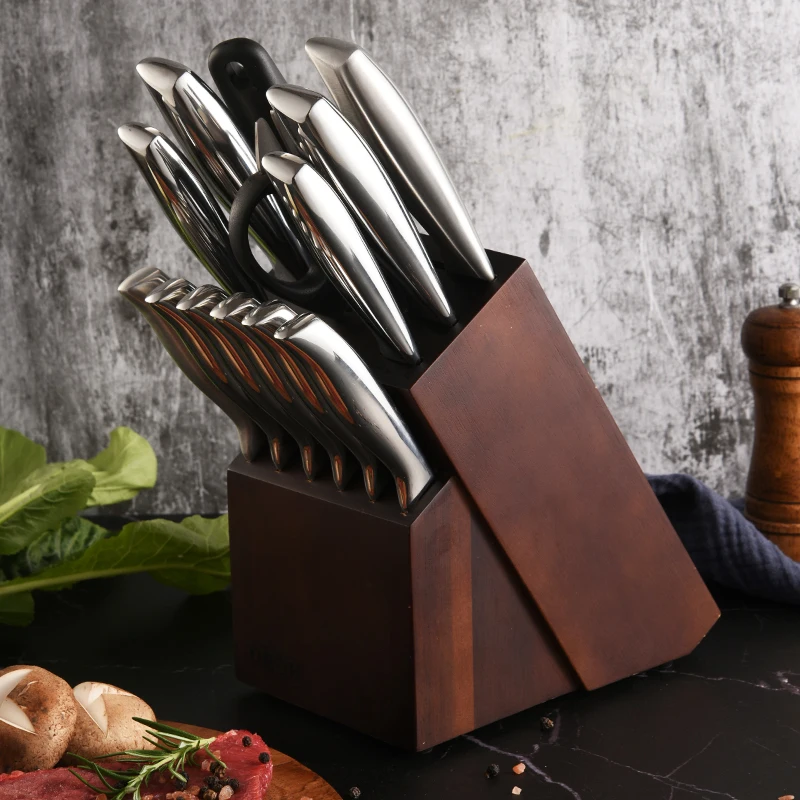 30Cr13 High Carbon Stainless Steel 14 Pieces Kitchen Knife Set With Wooden Block Hollow Handle Chef Knife With Knife Sharpener
