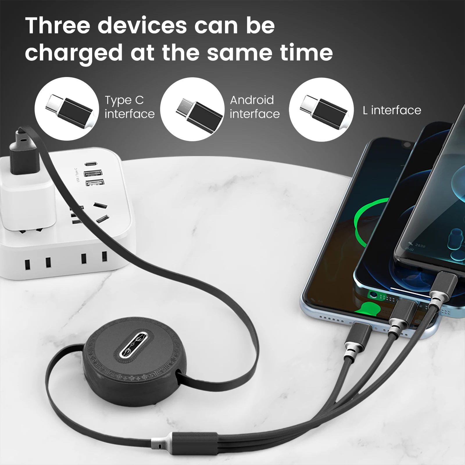 Multi Retractable Charging Cable Multi Charger Cable Short 1M TPE Universal 3 in 1 Cord with Type-C Micro USB Port Connectors