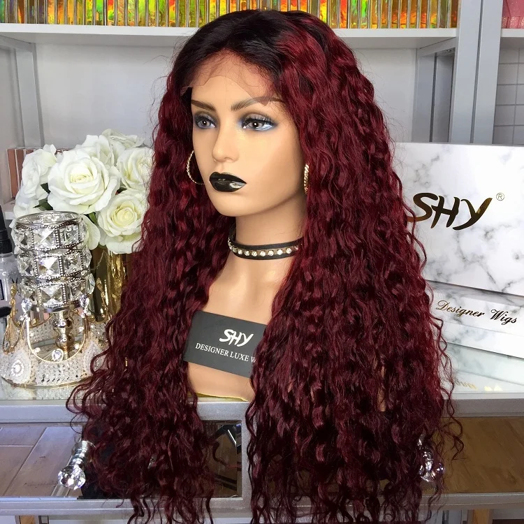 Wholesale 200% Density Closure Wig Ombre Color 99J Curly 22inch Long Brazilian Human Hair 5*5 Closure For Black Women