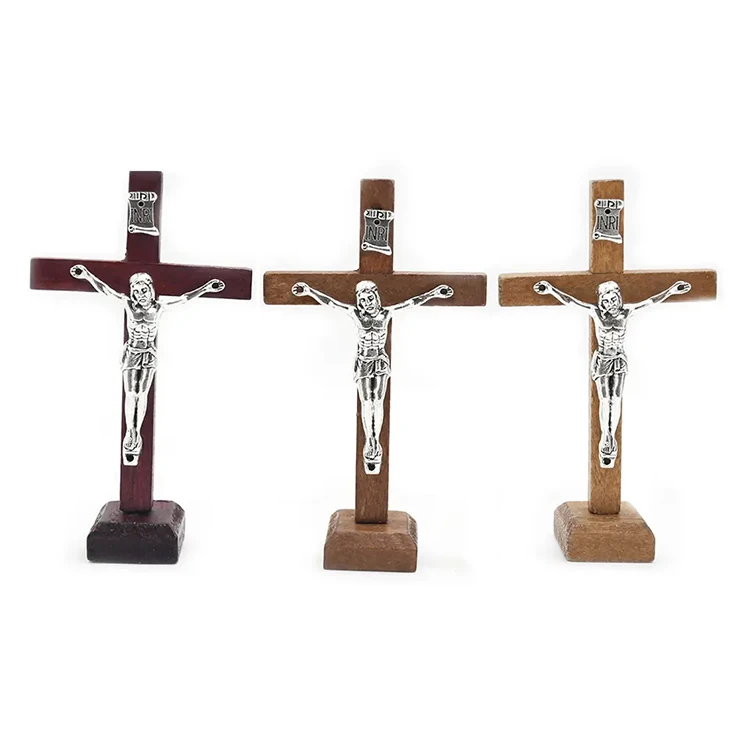 6*10.5cm Wooden Handmade Cross Base Stand Saint Benedict Standing Prayer Cross Religious Gift Crafts